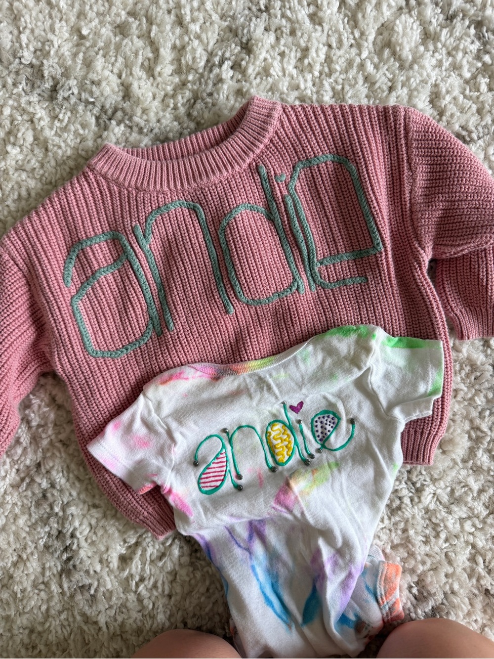 Andie Embroidered Pink Knit Baby Sweater with Matching Tie-Dye Bodysuit